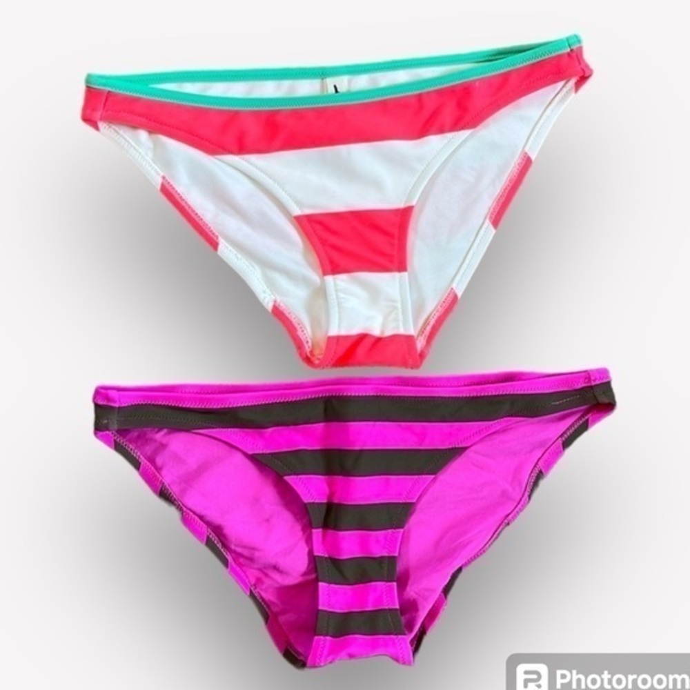 🇪🇸🐠2 American Eagle bikini bottoms striped purple olive green pink S CLEARANCE